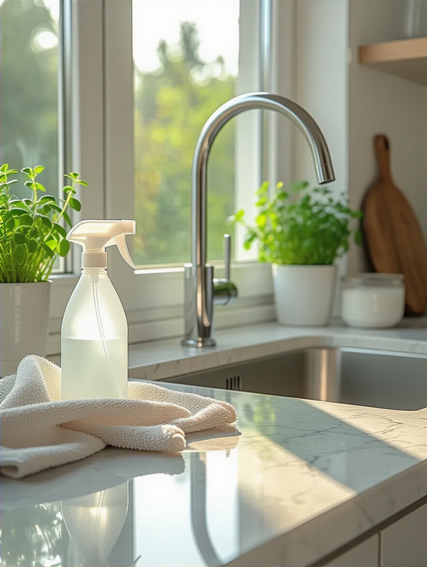 Close-up of a pristine kitchen countertop being gently wiped with a microfiber cloth, with cleaning supplies nearby and warm natural light.