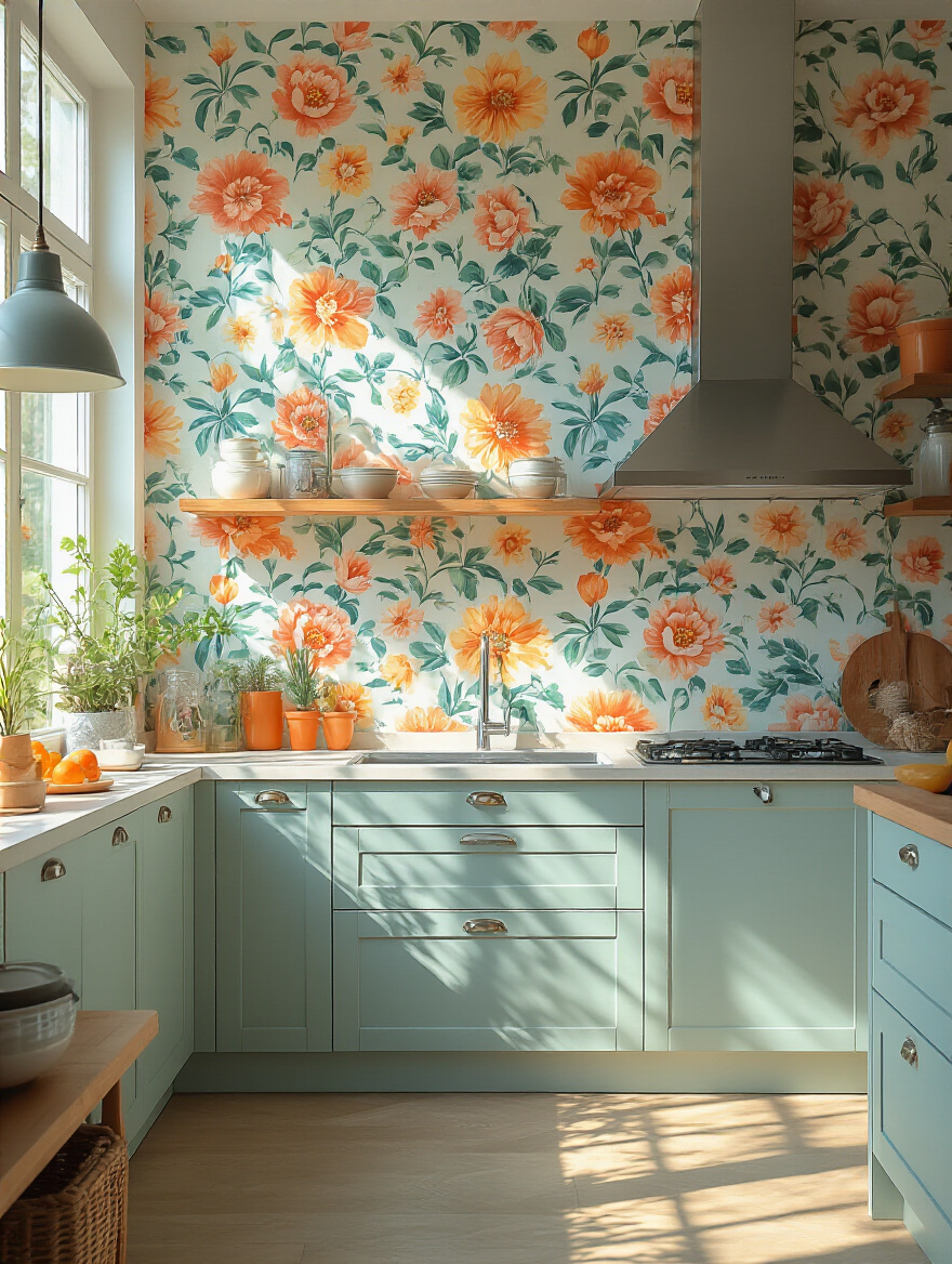 Modern kitchen wallpaper wall showing vibrant colors after regular gentle cleaning with soft natural lighting