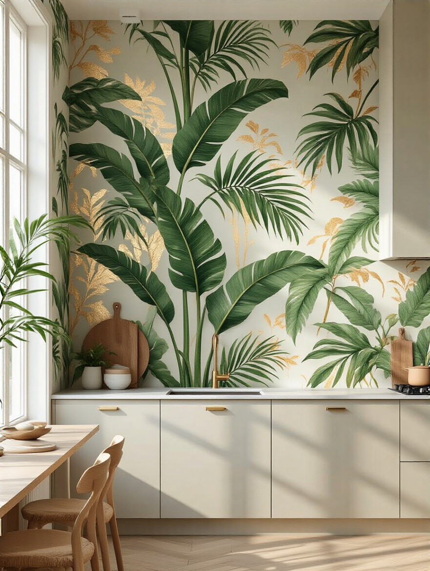 Modern kitchen with botanical wallpaper accent wall featuring green palm leaf prints and metallic gold highlights