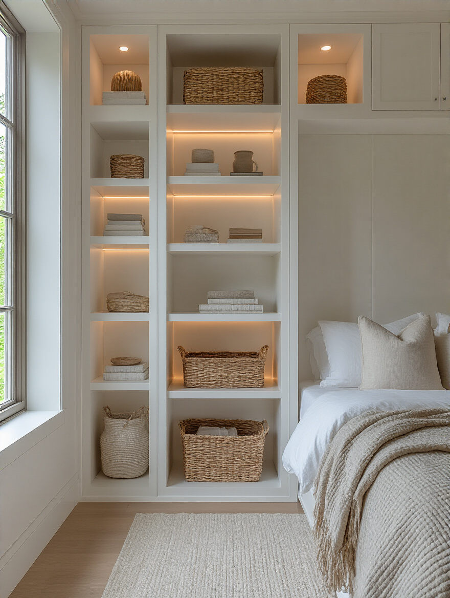 White bedroom with custom built-in white storage units minimizing clutter and enhancing spaciousness