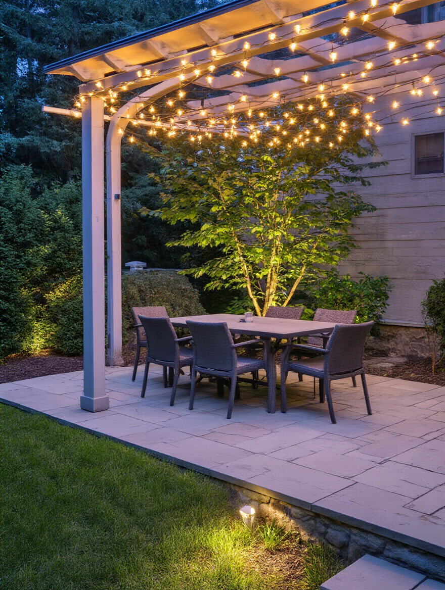 Vertical backyard patio at night with dimmable warm lighting and string lights