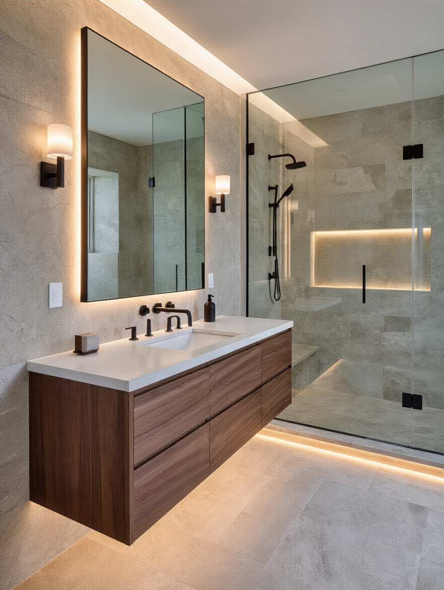 Vertical modern bathroom with layered lighting: recessed ambient lights, vanity sconces, linear mirror light and under-vanity LED accent.