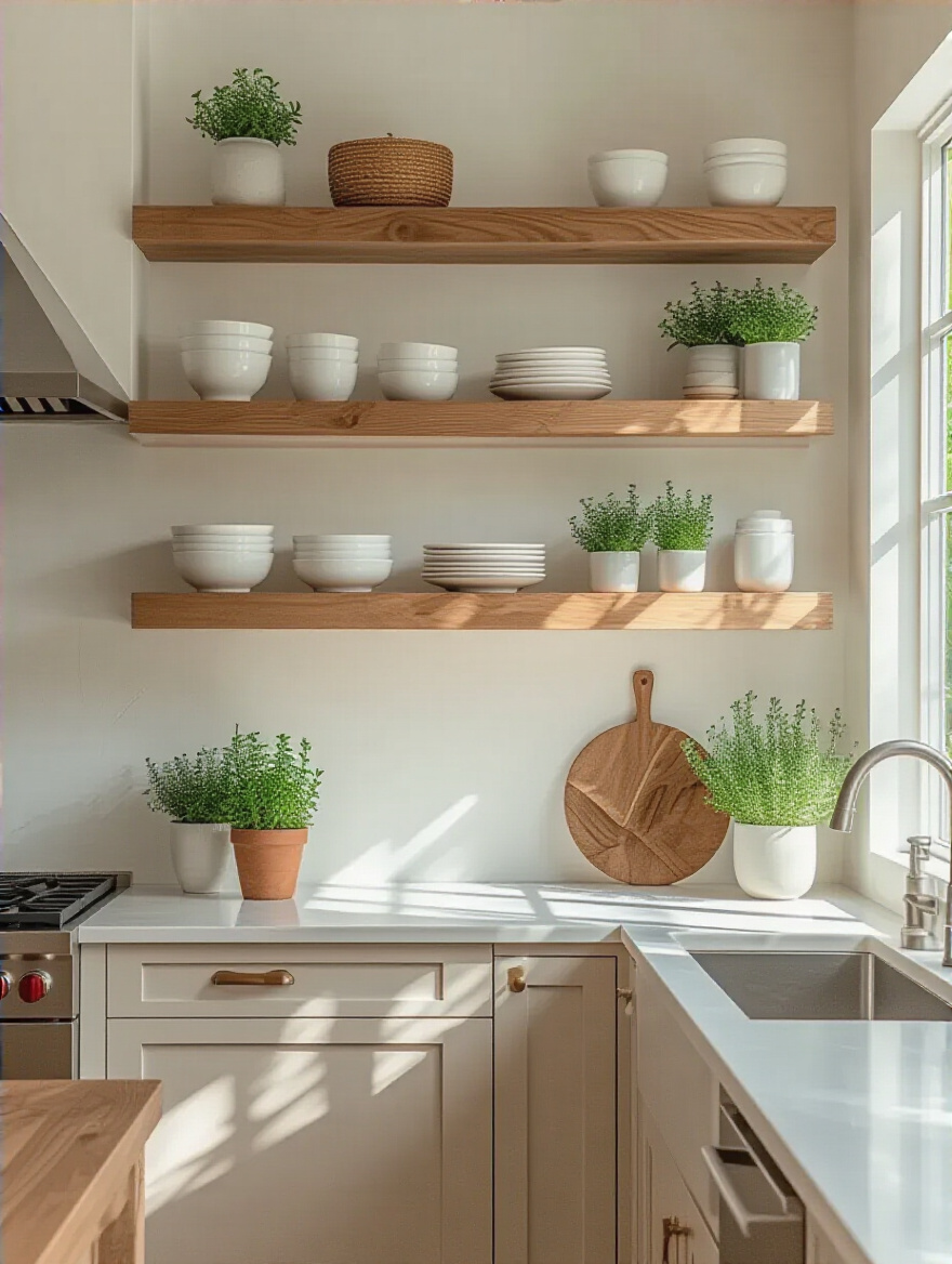 Modern kitchen with open wooden shelving displaying dishware and plants for accessibility and design