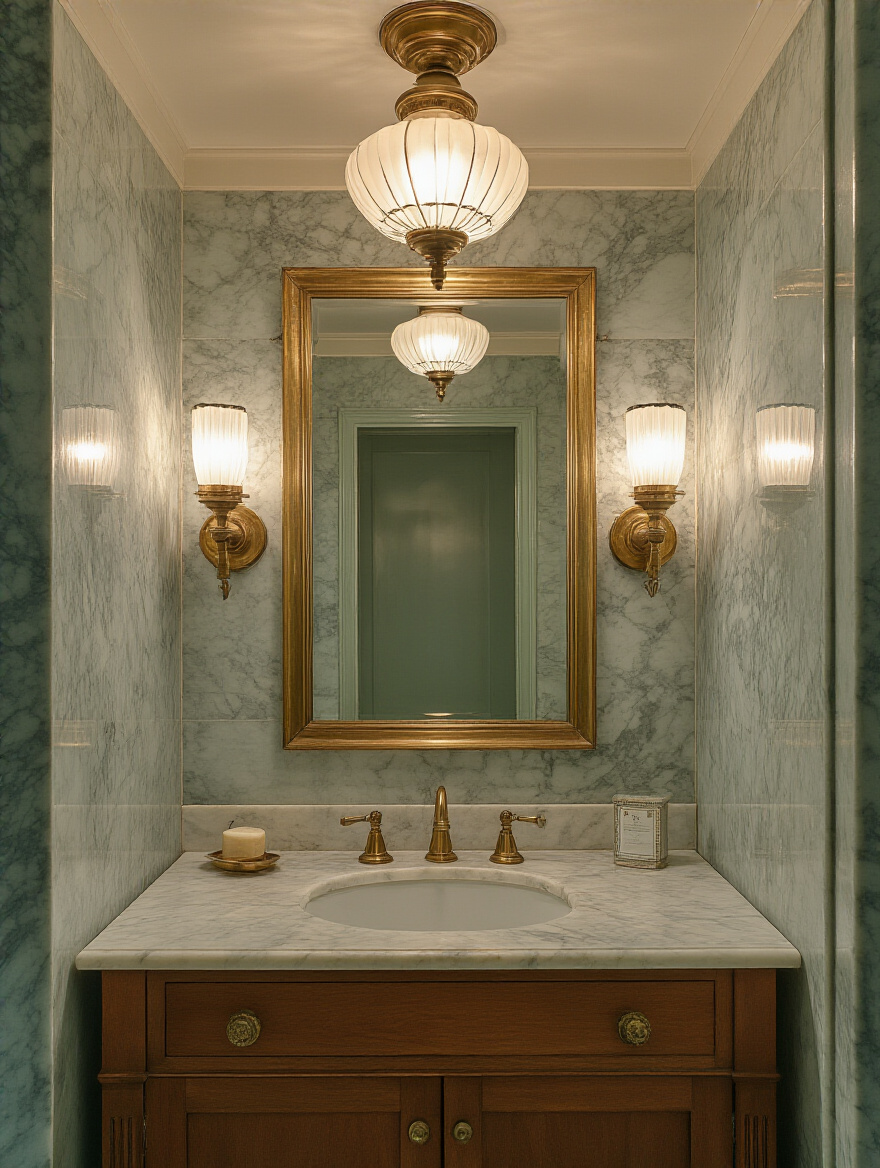 Vertical vintage bathroom with brass period lighting sconces, milk-glass shades, marble vanity, warm glow.