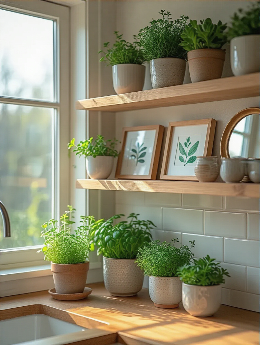 Bright modern kitchen shelf decorated with small framed art and mirrors reflecting natural light