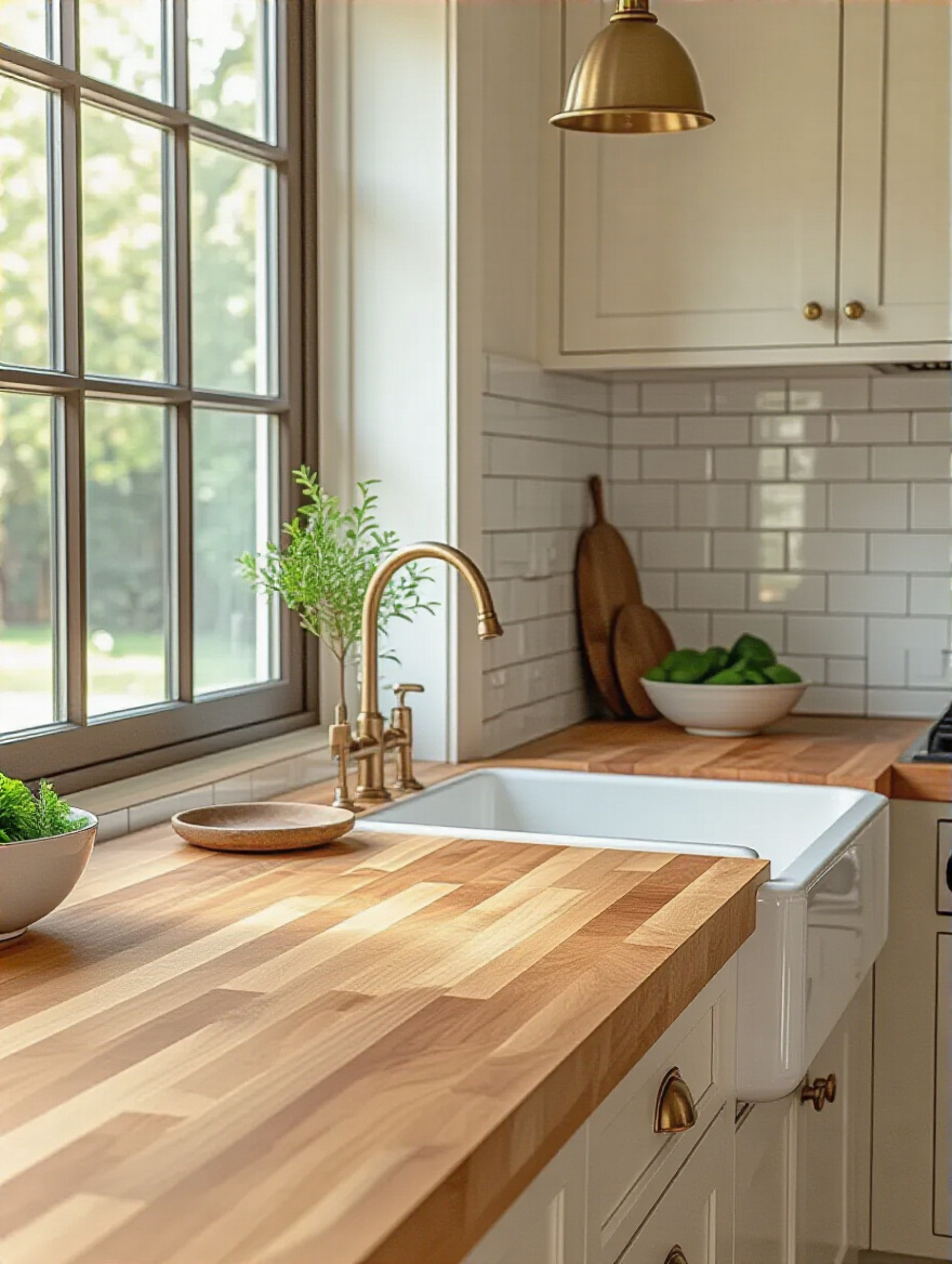 Vertical kitchen scene showcasing a warm maple end-grain butcher block island as a prep area with organic wood texture.