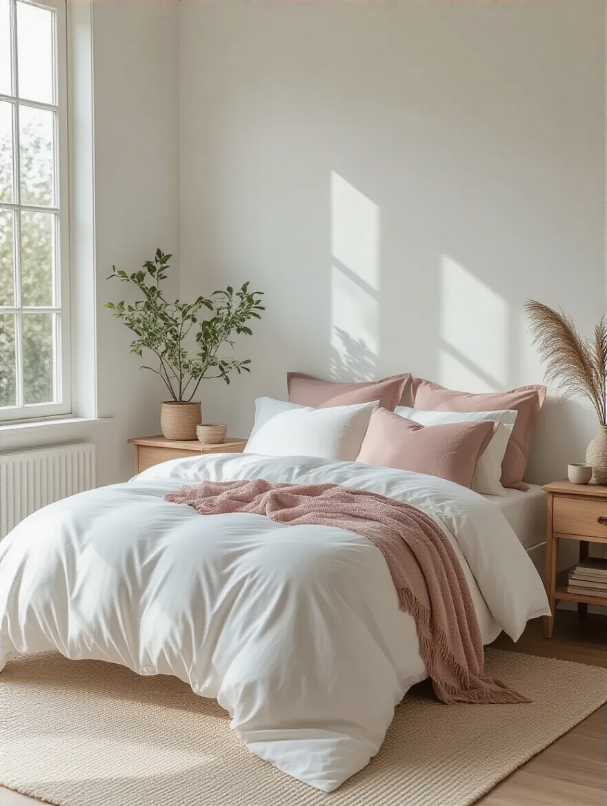White bedroom with dusty rose pastel duvet and pillow accents, natural wood furniture, and soft natural lighting