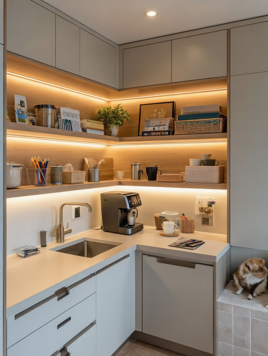 Modern kitchen corner with dedicated beverage nook, homework station, and pet feeding area showcasing integrated cabinetry and organization