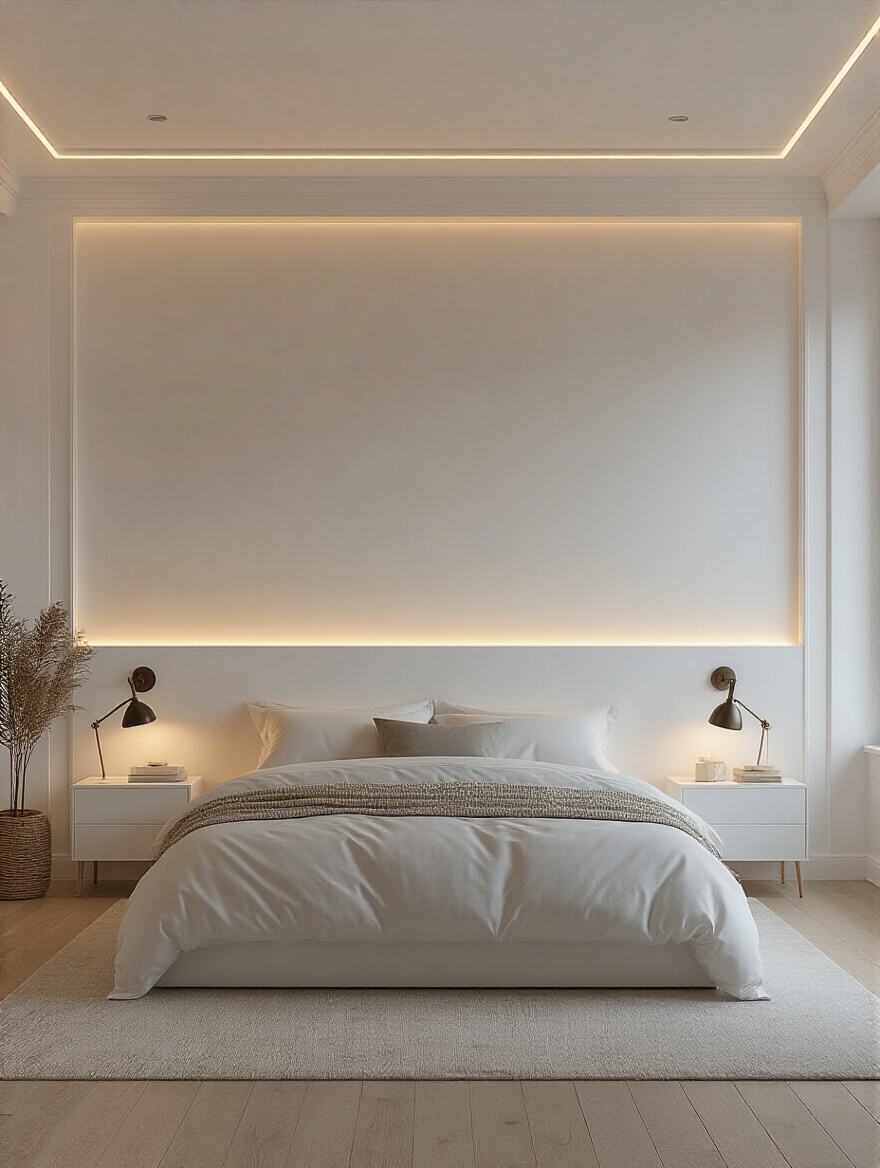 White bedroom illuminated with dimmable layered lighting including recessed LEDs, wall sconces, and LED strip accents creating flexible moods
