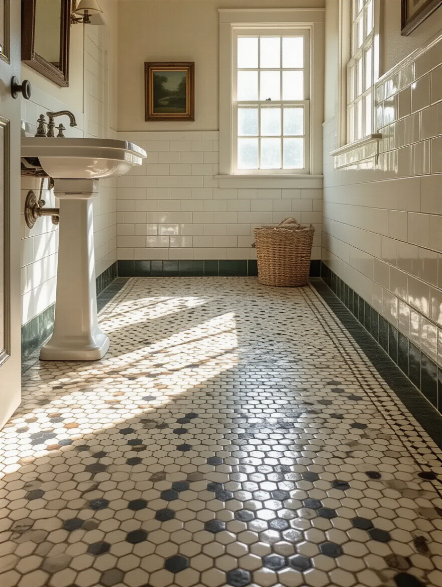 Vintage bathroom floor featuring hexagon and penny tiles with period styling