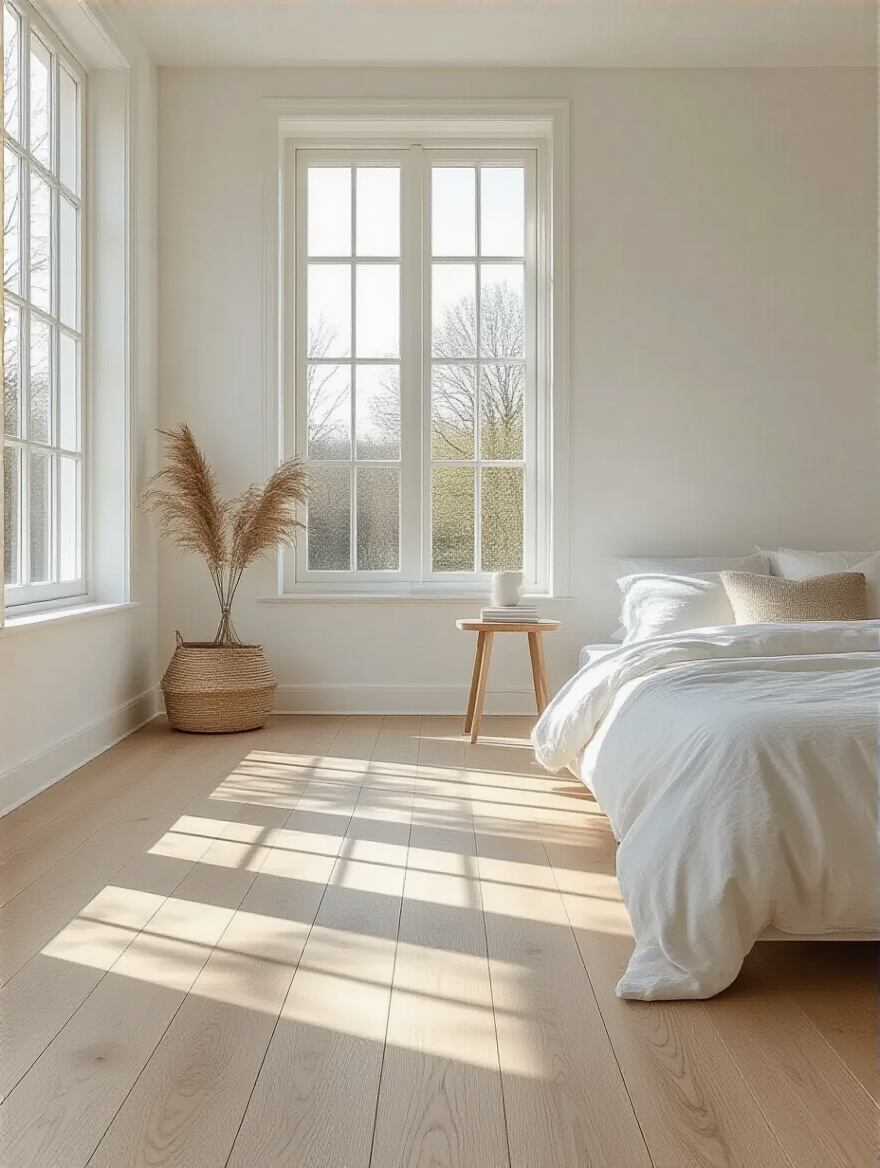 White bedroom with light-toned pale oak hardwood flooring, bright and spacious with natural light