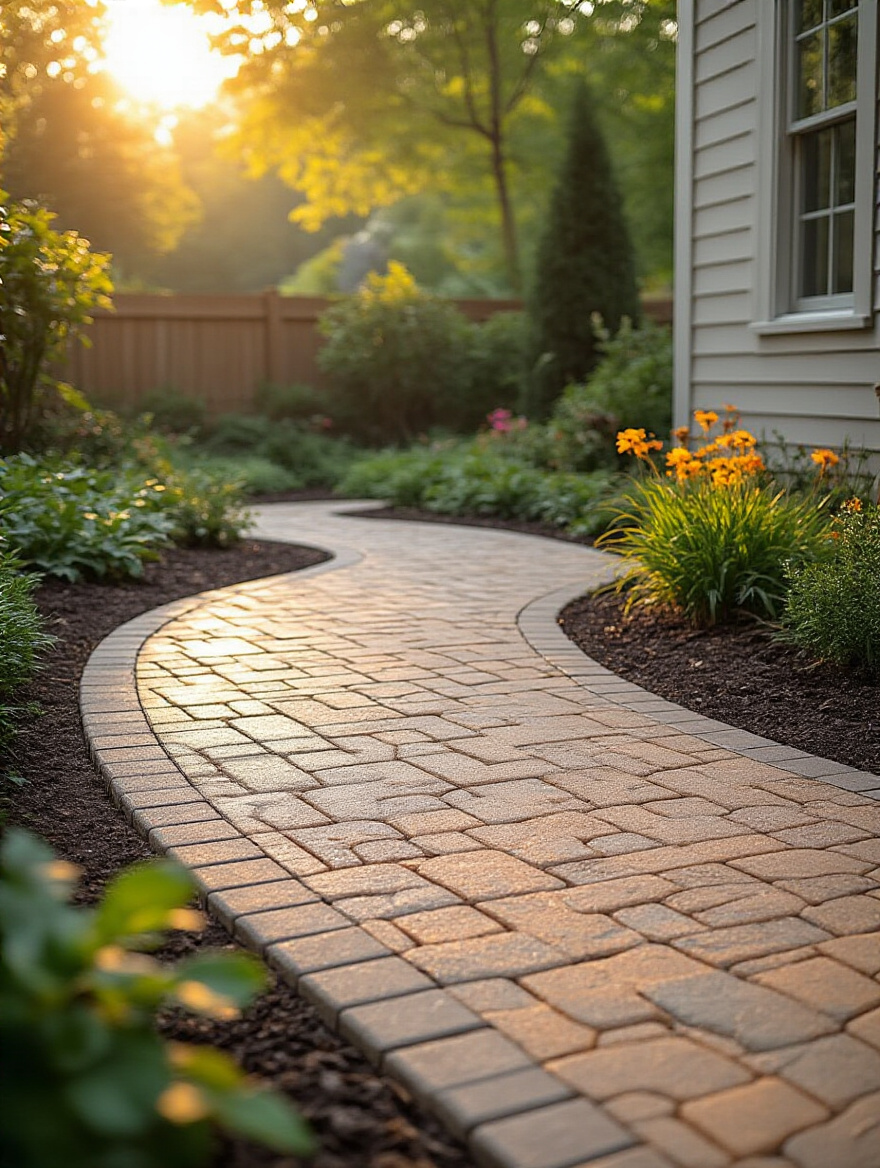 Portrait of a permeable paver patio in a landscaped backyard with visible open-graded joints and edge restraints.