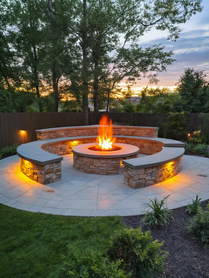 Vertical backyard with a built-in fire pit, curved seating, and warm glow at dusk