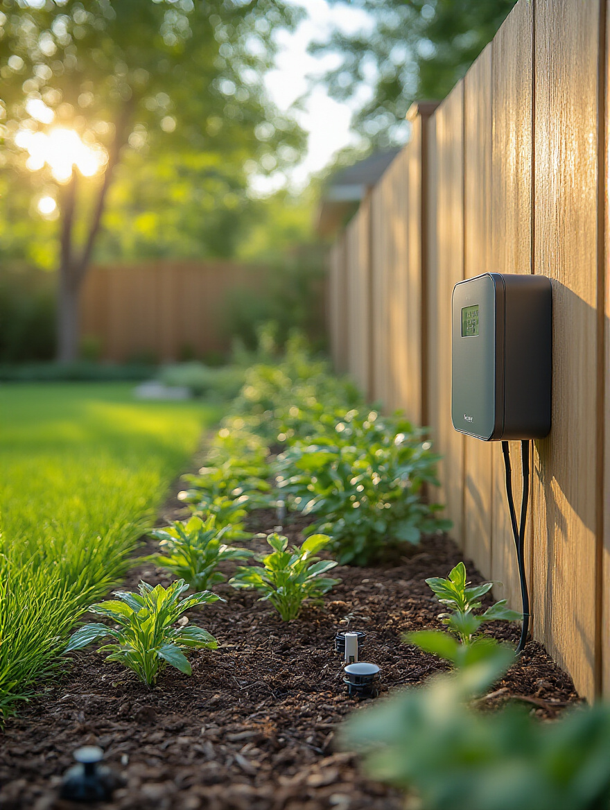 Portrait of a modern backyard with a smart irrigation controller, lush lawn, and garden beds featuring sensors and sprinklers.