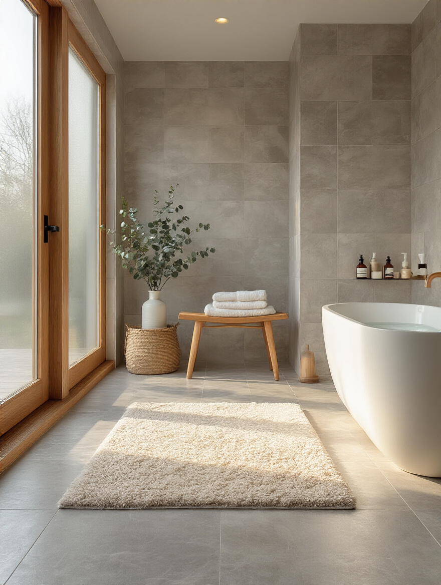 Vertical photo of a modern bathroom interior with warm-toned large-format tile floor, steam hinting at radiant heated floors, wooden stool and folded towels, soft morning light