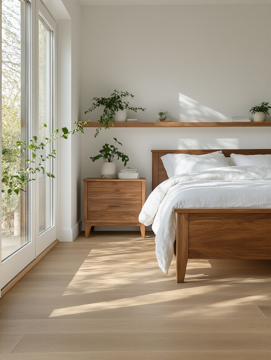 White bedroom featuring natural wood furniture and flooring creating earthy warmth