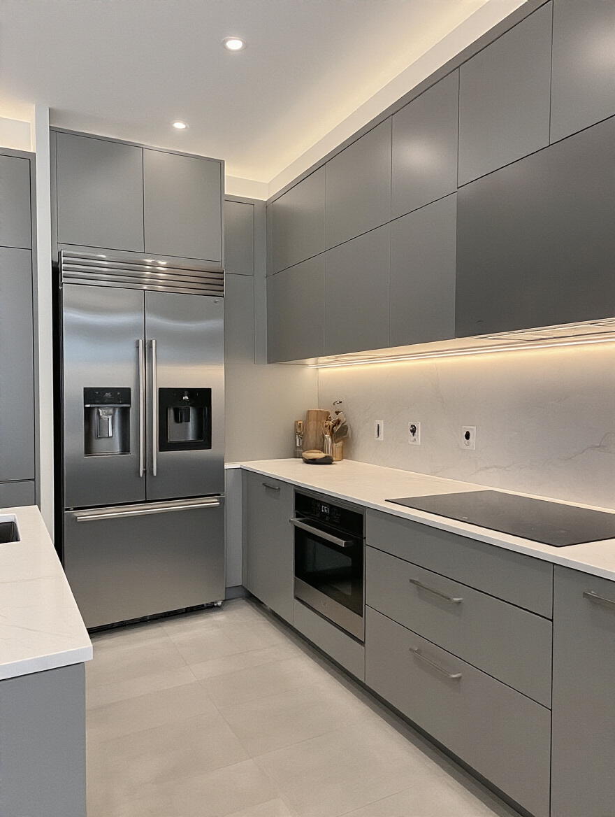 Modern kitchen with integrated smart appliances and minimalist design, showcasing tech-savvy gadgets without clutter.