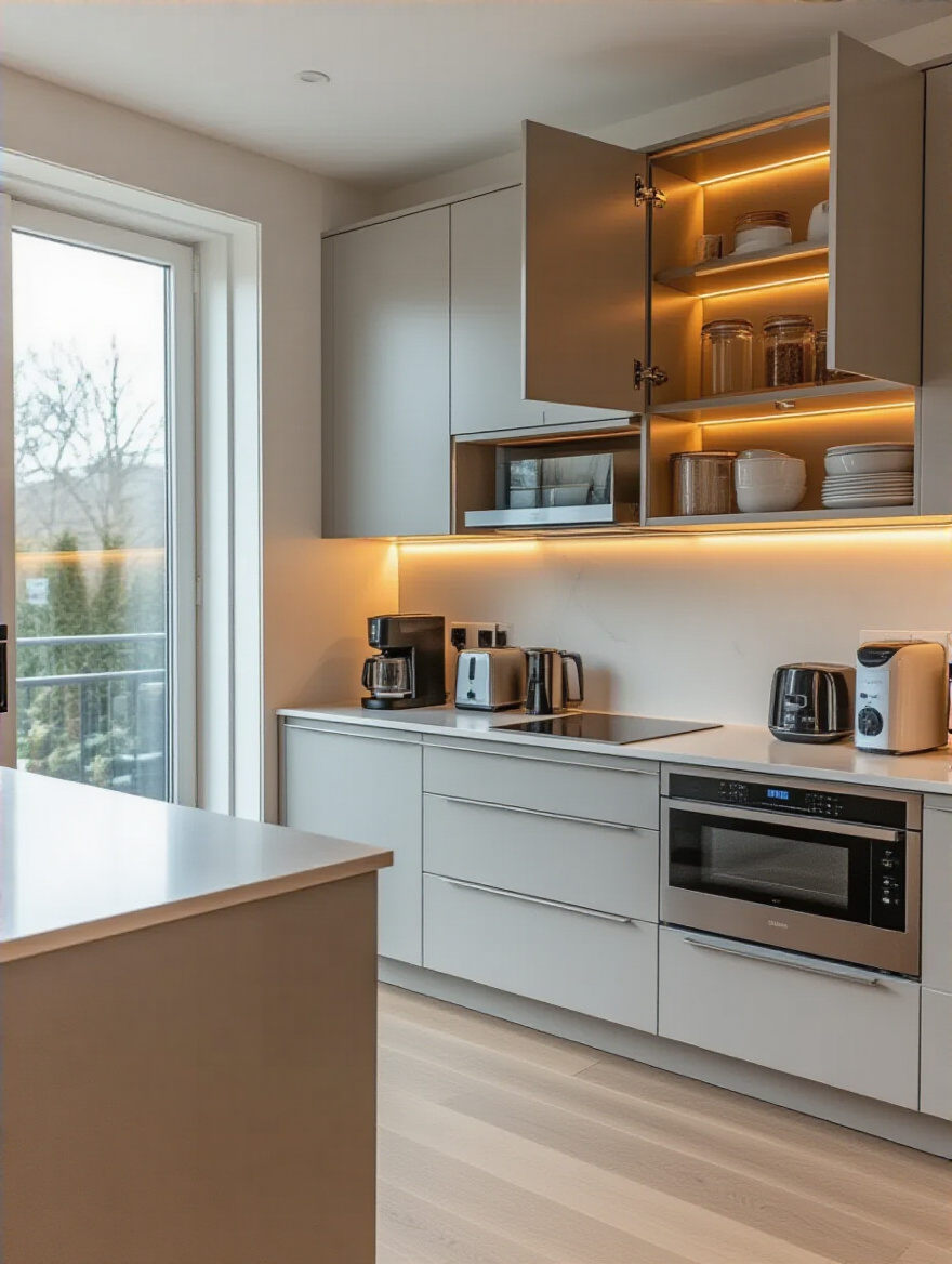 Modern kitchen with seamless hidden storage and appliance garages featuring bi-fold and tambour doors and clear countertops