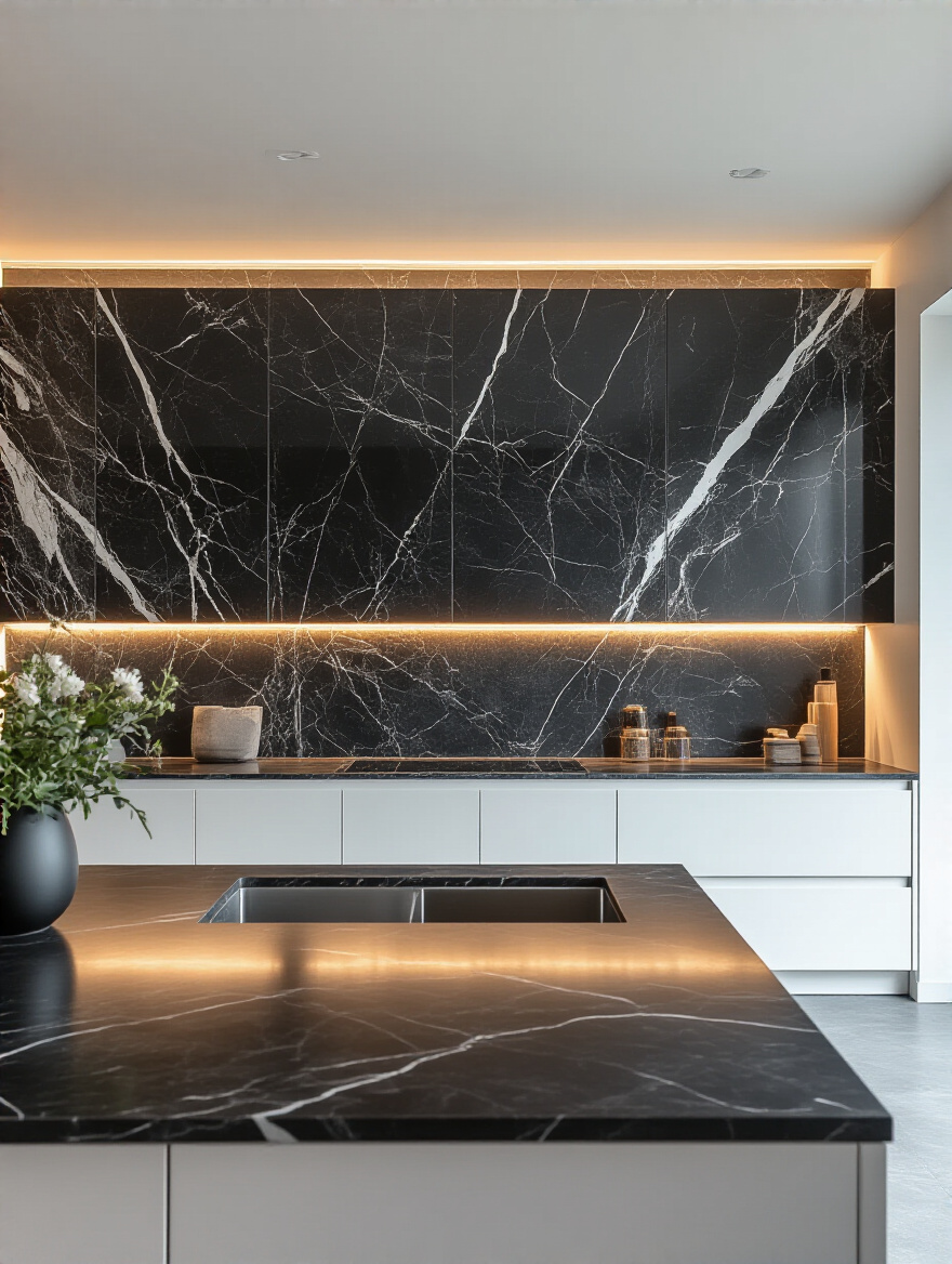 Modern kitchen with full-height black marble statement backsplash and white cabinetry under natural and LED lighting