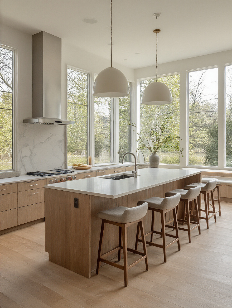 Modern kitchen with a versatile kitchen island featuring extra countertop space and seating, no people