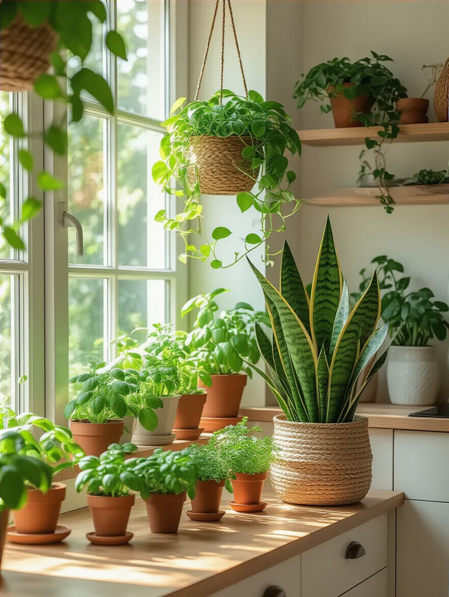 Modern kitchen corner decorated with lush green plants and herbs bringing natural vibrancy indoors