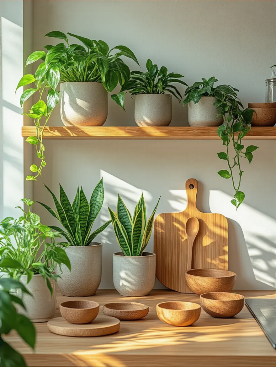 Portrait image of kitchen shelves decorated with lush green plants and warm wooden decor pieces creating a cozy and natural atmosphere