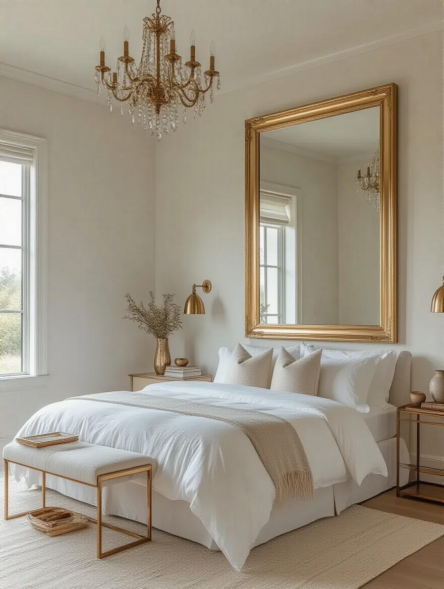 White bedroom interior featuring warm metallic accents including a gold-framed mirror, brass chandelier, and copper side table for elegant contrast