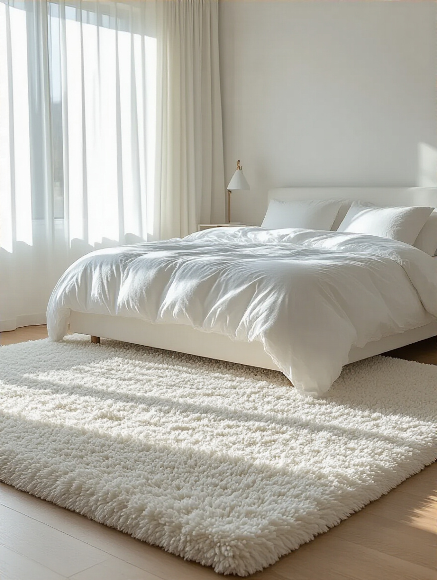 All-white bedroom with a plush white rug anchoring the bed area creating a cozy and textured look