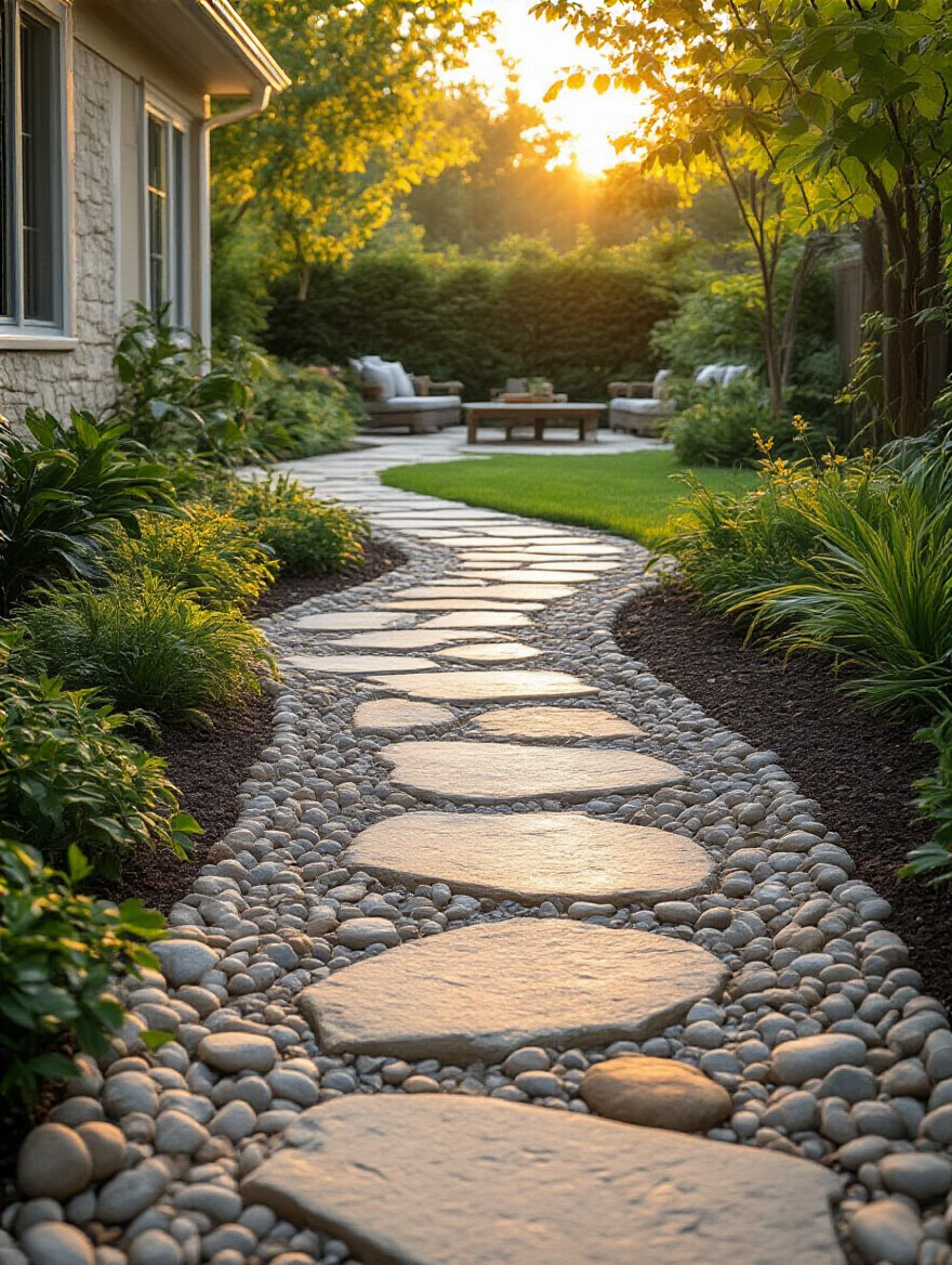 A decorative stone path winding through a lush backyard garden during golden hour.
