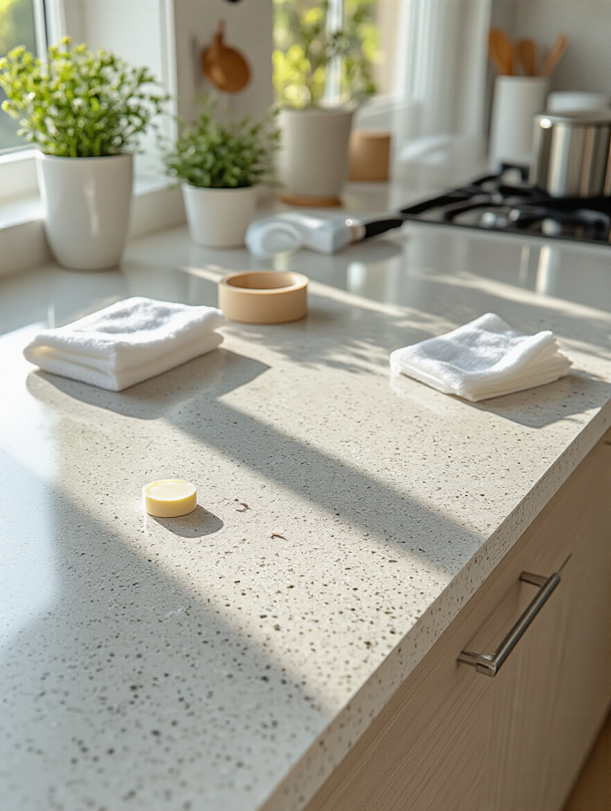 Portrait view of a modern kitchen countertop repair setup with a chipped edge and repair tools