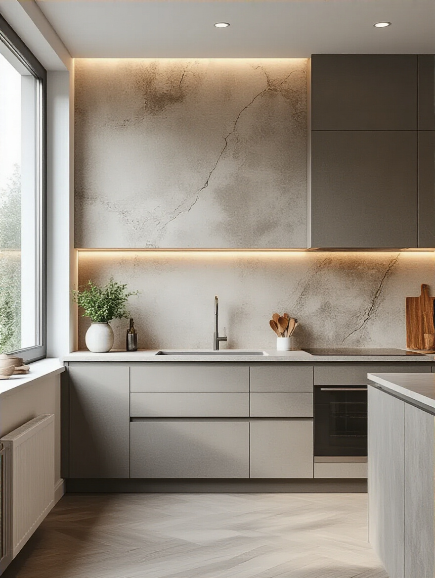 Modern kitchen accent wall with faux concrete, marble, and wood texture wallpaper showcasing depth and style