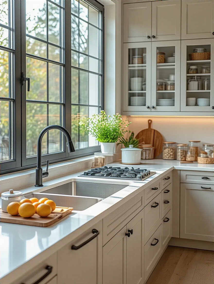Spotless and well-organized modern kitchen interior with clean countertops and neatly stored kitchenware