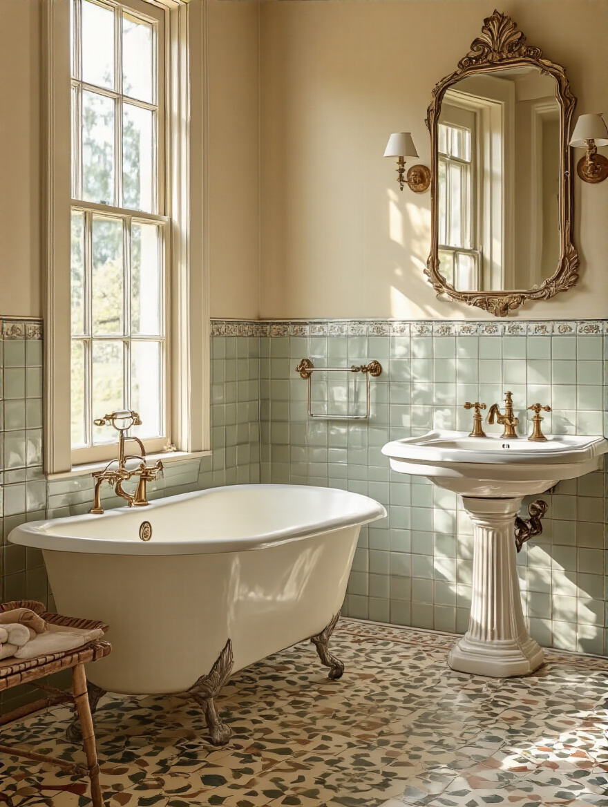 Editorial portrait-style still life of authentic vintage bathroom fixtures showcasing craftsmanship and patina.