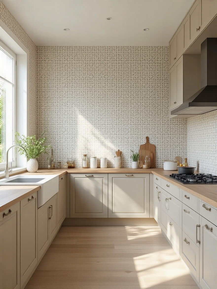 Modern kitchen interior with wallpaper pattern perfectly scaled to kitchen size for balanced design