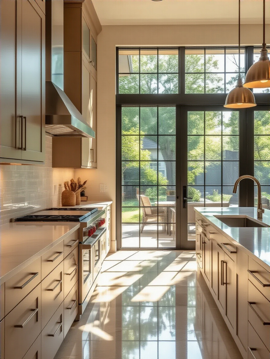 Modern bright kitchen with large windows and glass doors maximizing natural light through thoughtful placement
