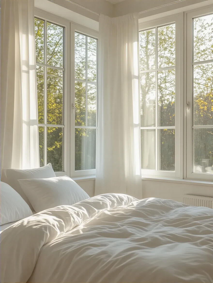Bright white bedroom with large unobstructed windows letting in natural sunlight, minimal furniture, and sheer curtains fully drawn back