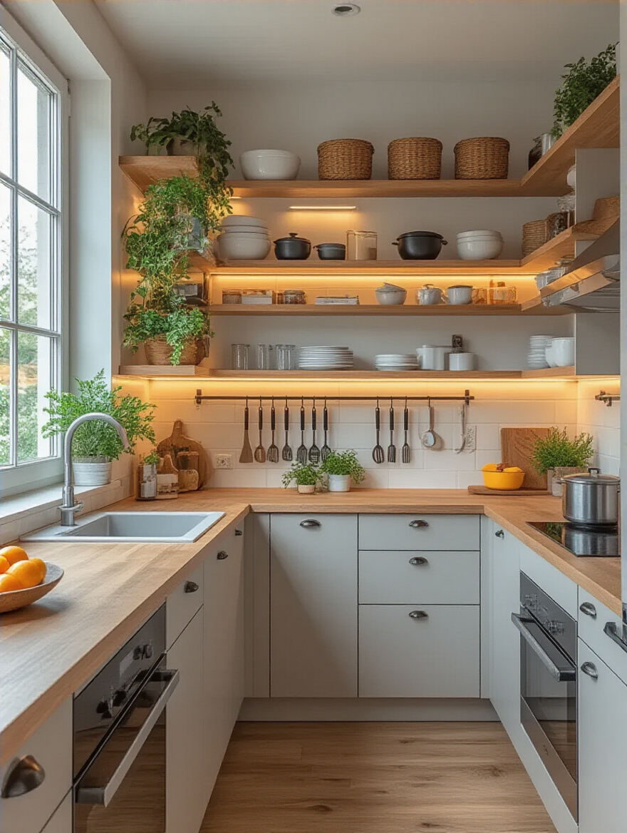 Modern small kitchen with L-shaped layout featuring floor-to-ceiling cabinetry and space-saving storage solutions