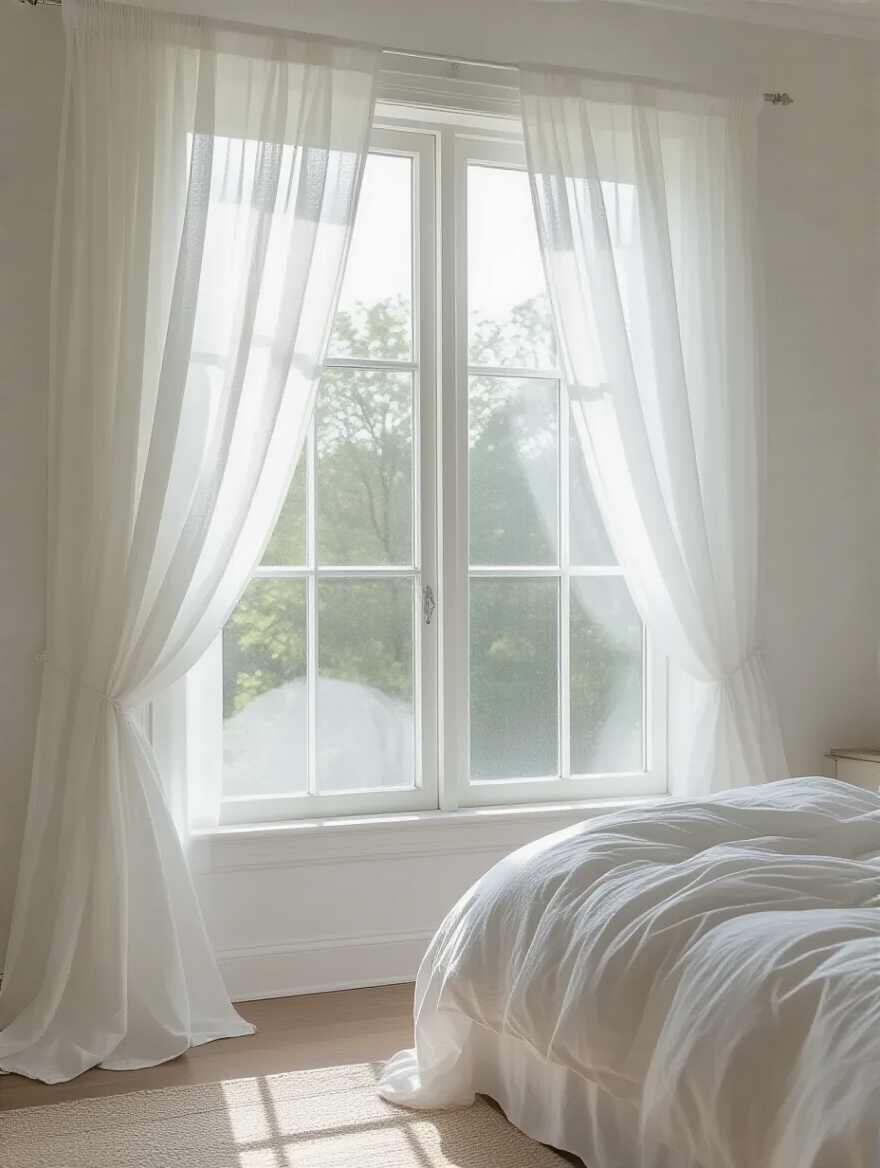 White bedroom with sheer white voile curtains softly filtering natural light through a tall window
