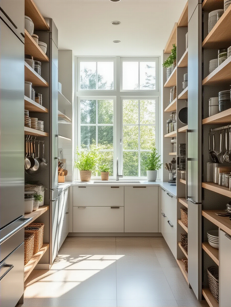 Modern kitchen with floor-to-ceiling vertical storage, open shelves, and wall-mounted racks showcasing organized kitchenware