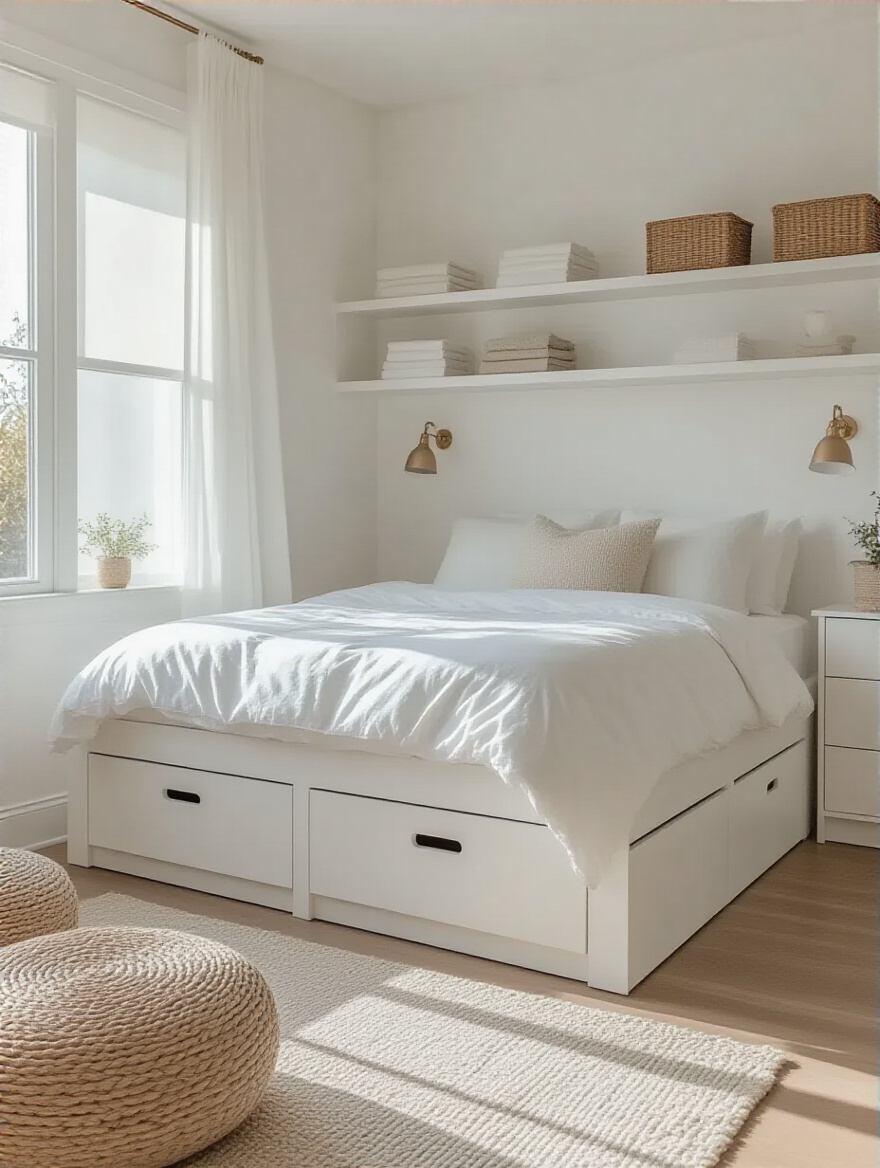 White bedroom with discreet built-in storage drawers and white ottomans creating an organized, serene space