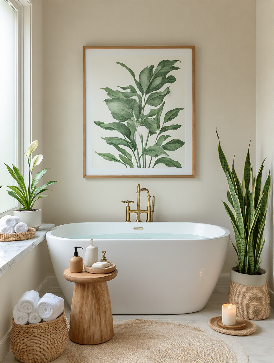 Vertical photo of a personalized bathroom with framed botanical artwork above a freestanding tub, potted plants, brass fixtures, woven basket of towels and curated accessories.