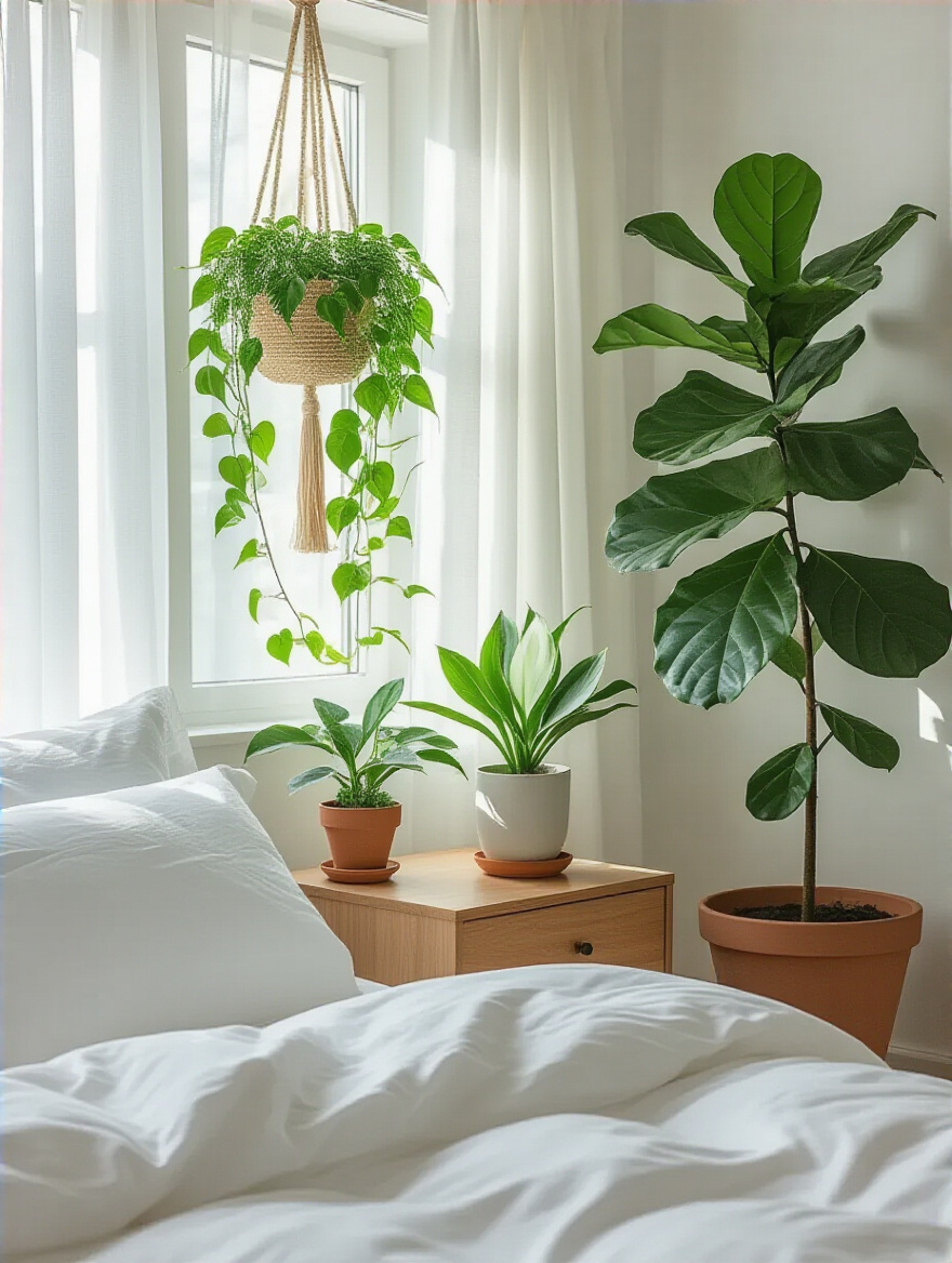 White bedroom with strategic greenery including fiddle leaf fig, peace lily, and pothos plants enhancing natural vibrancy