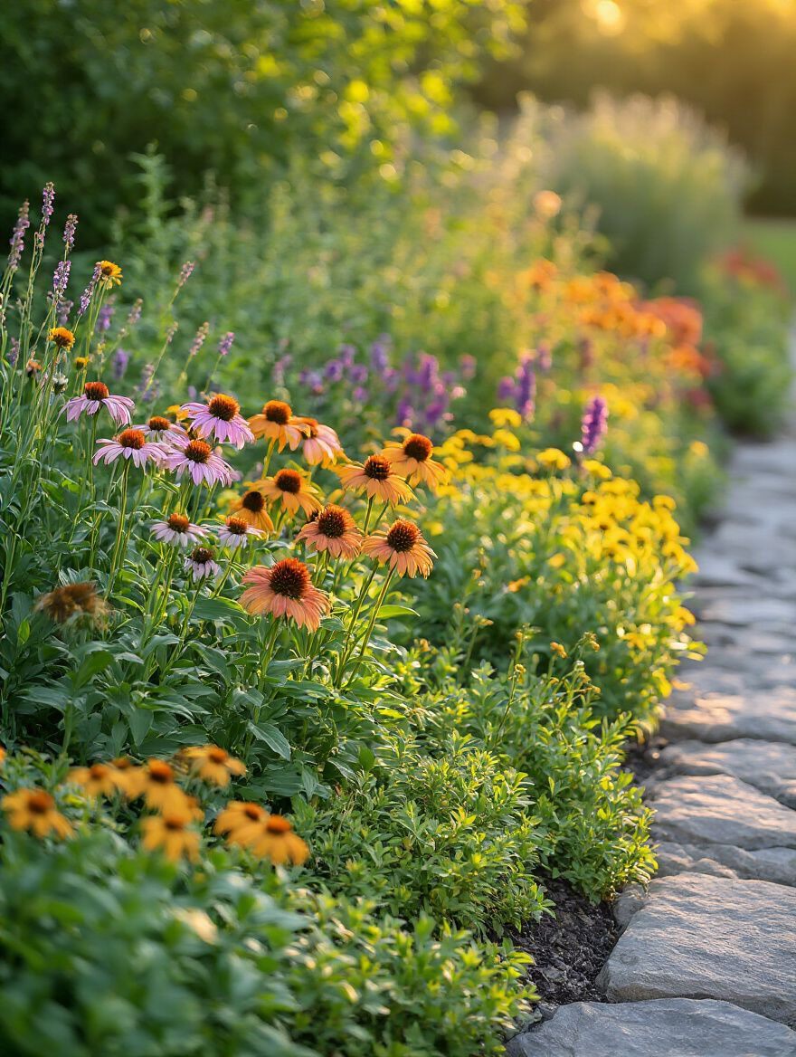 Alt: Vertical photo of a lush native plant border at golden hour, showing layered groundcover, perennials, and a shrub with pollinators visiting blooms.