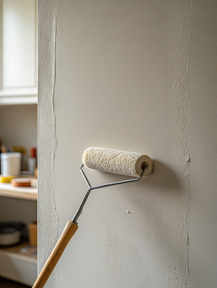Clean, smooth kitchen wall being primed for modern wallpaper installation with roller brush