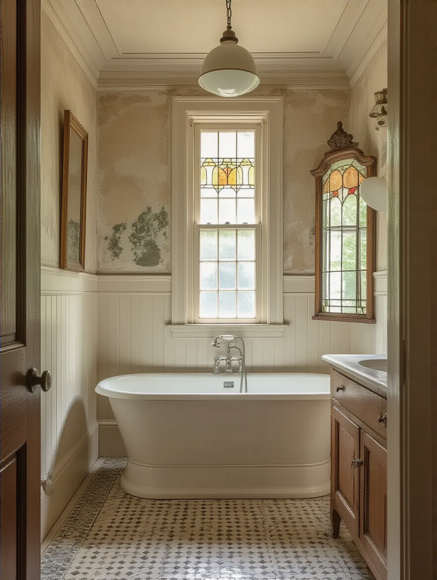 Portrait shot of a vintage bathroom highlighting preserved architectural details like molding, plaster, tile, and built-ins.