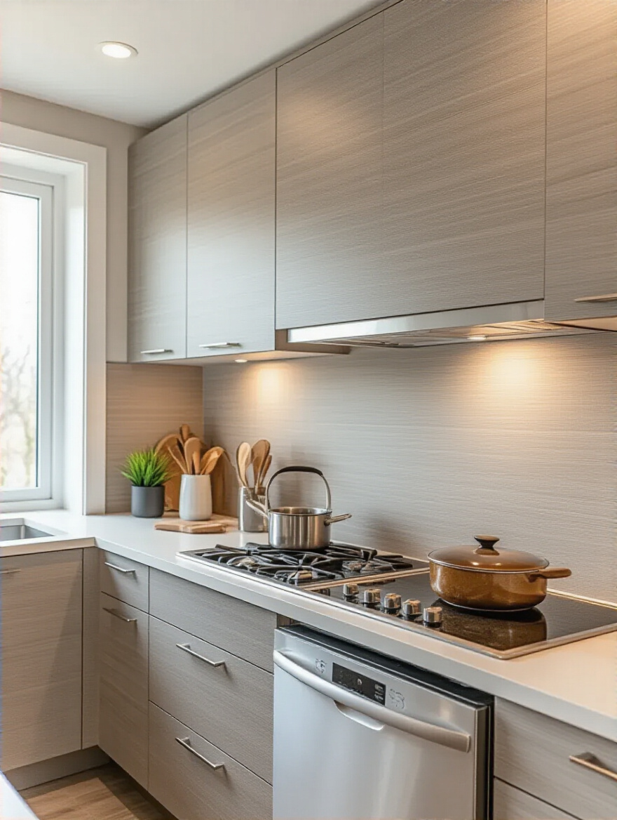 Modern kitchen wall behind stove and dishwasher covered with heat and humidity resistant vinyl wallpaper