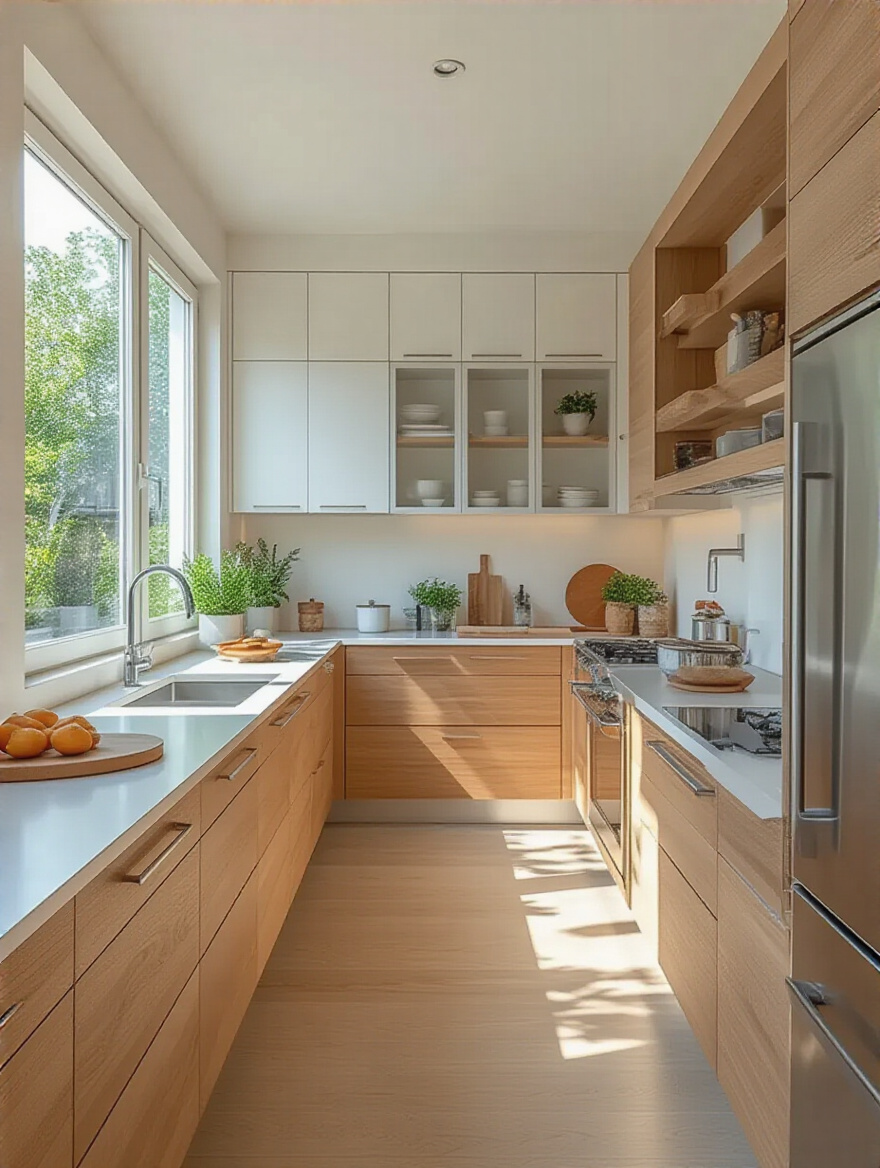 Modern kitchen interior showing an optimized kitchen triangle layout with refrigerator, sink, and cooktop for efficient workflow