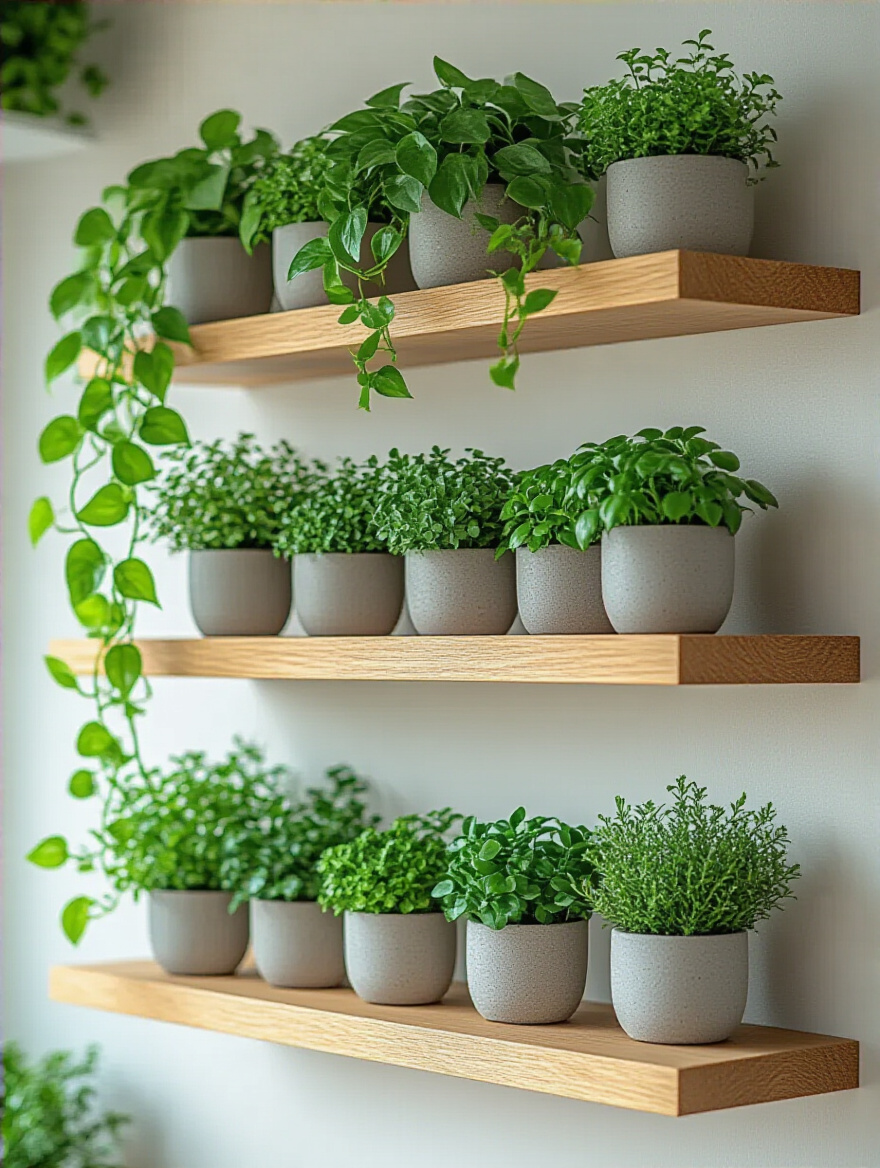 Portrait image of kitchen shelves decorated with realistic faux greenery including trailing pothos and faux herb pots in a modern kitchen setting