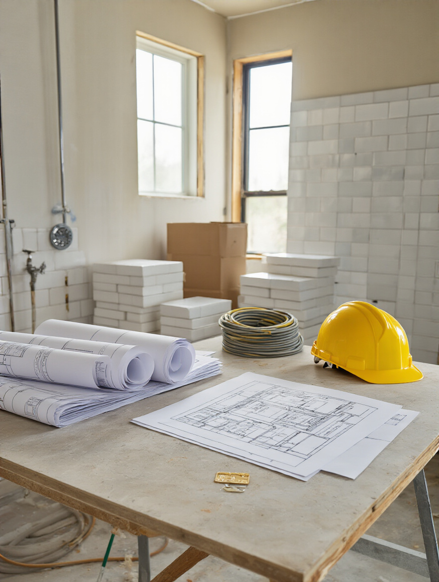Vertical photo of a renovation workbench with blueprints and an embossed permit sheet in a partially renovated bathroom, soft daylight and warm work light, no people.