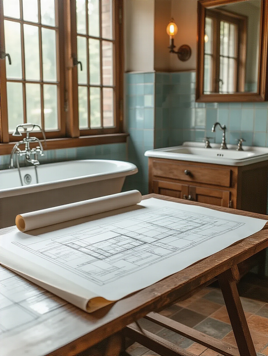 Portrait of a vintage bathroom design workspace with rolled blueprints on a wooden drafting table, warm light, no people.